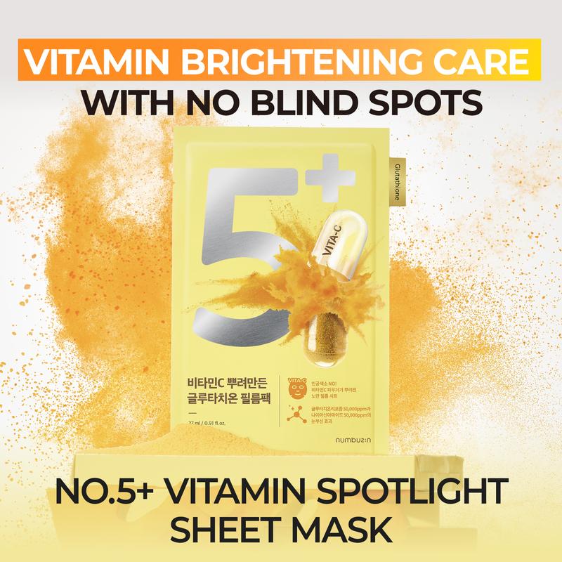 numbuzin No.5+ Vitamin Spotlight Sheet Mask | Glutathione and Vitamin C | Reduces Hyperpigmentation, Dark Spots and Brightens Skin Complexion | Gentle and non-irritating sheet mask | 4ea box