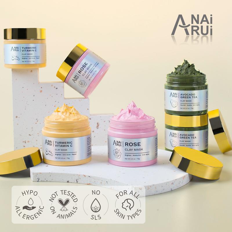 ANAiRUi 3in1 Clay Mask Set, Turmeric Vitamin C Clay Mask, Rose Clay Mask, Avocado Green Tea Mask for Deep Cleansing, Oily Skin, Skincare Facial Mask