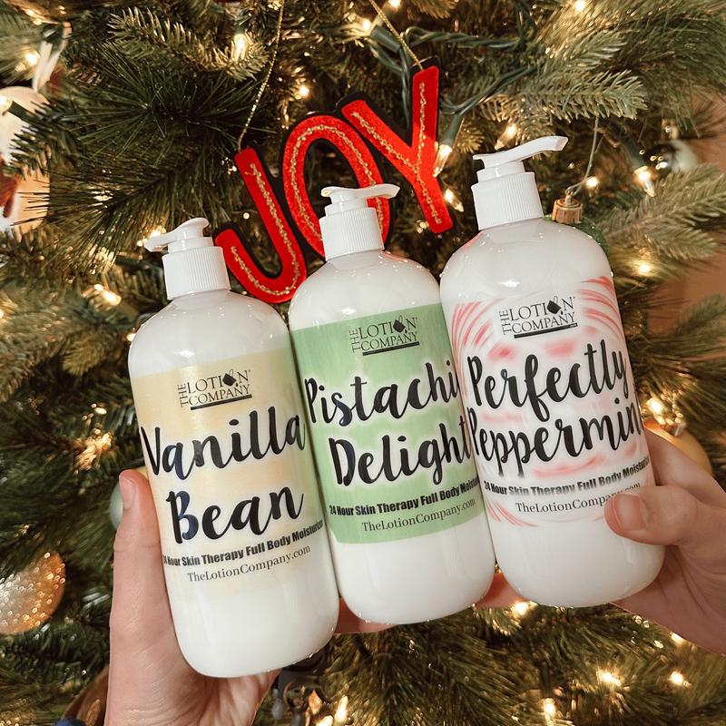 WINTER HOLIDAY BUNDLE: The Lotion Company Full Body Moisturizer - BUNDLE GIFT SET: 16 ounce lotions; Vanilla Bean, Peppermint, Pistachio