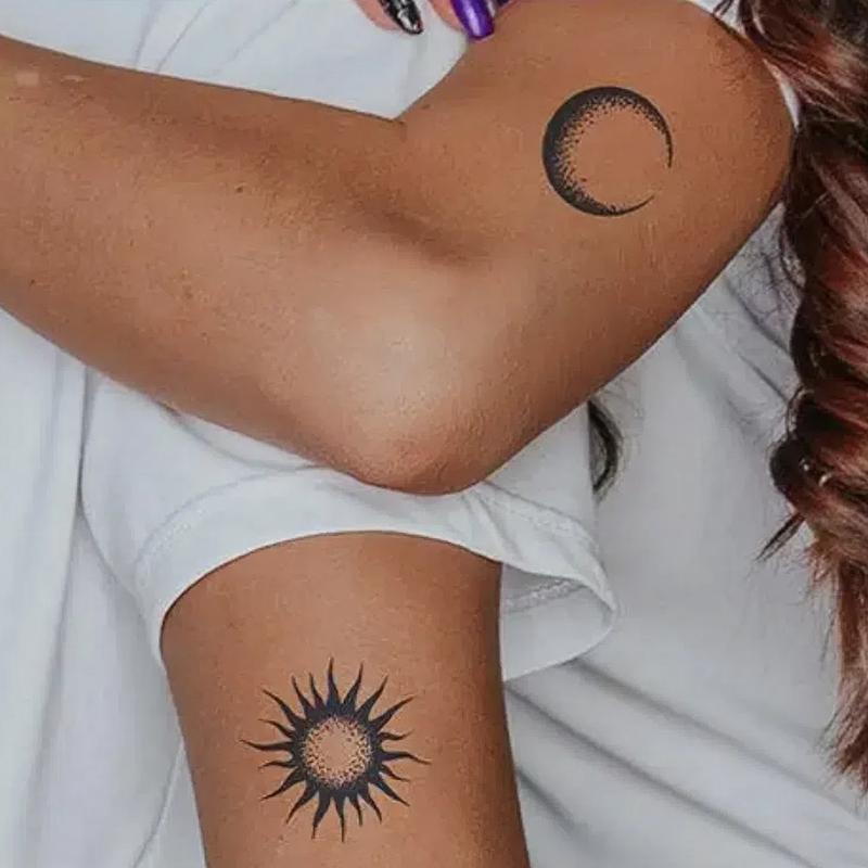 Tiptop Simple Style Sun & Moon Double Arm Couple Temporary Tattoo Stickers, Waterproof Wear-resistant Non-reflective, Long-lasting 7-15 Days