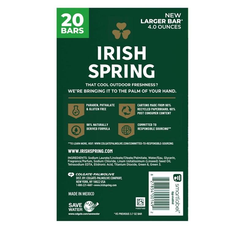 Irish Spring Original Clean Bar Soap for Men 4 Ounce (Pack of 20) Body Care Cleansing