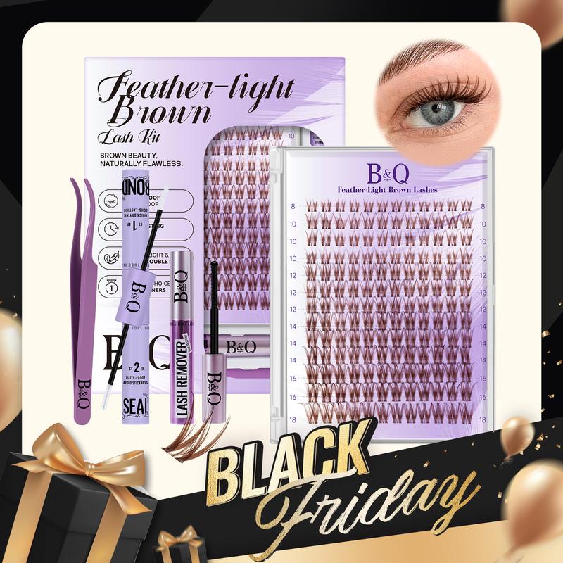 B&Q Brown Lash Kit Invisible Band 144 pcs Manga Lashes Individual with Lash Bond and Seal Easy Removal Eyelash Extension Kit (8-18mm)