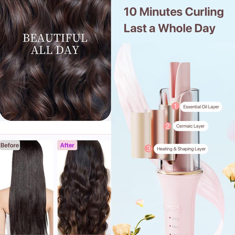 RoomGoodies Hair Curler 62W Corded Instant Use, Ceramic Curling Rotating Wand Comfort Salon tymo beautycurler bioionic curlingiron