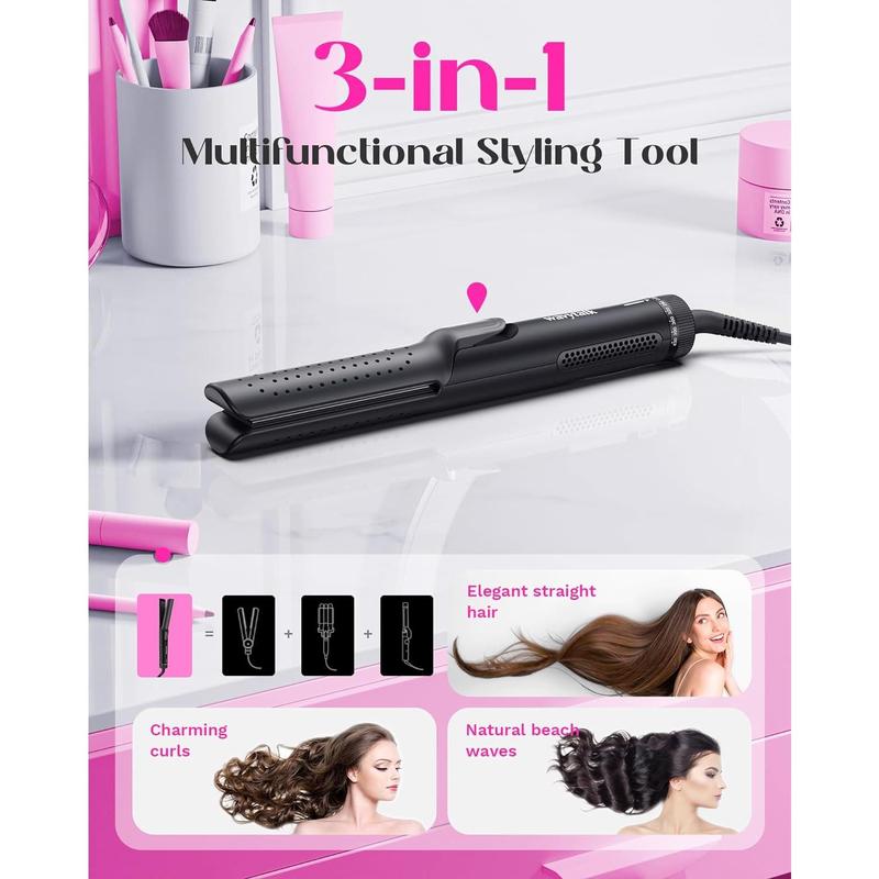 1 Inch Curling Iron, Airflow Styler with 360° Cooling Air to Lock in Curls Quicker, Hair Straightener and Curler 2 in 1 for All Hair Types, Black Comfort Adjustable Flawless