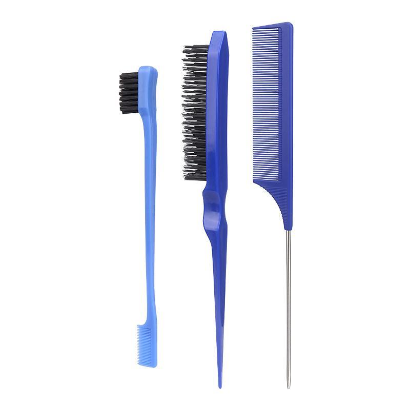 Summer Hair Styling Comb Set, 3pcs Heatless Styling Tool Set, Teasing Hair Brush Edge Brush Detangling Brush, Rat Tail Comb, Heatless Edge Control Brush for Edge & Back Brushing, Combing, Slicking Hair for Women, Christmas Gift