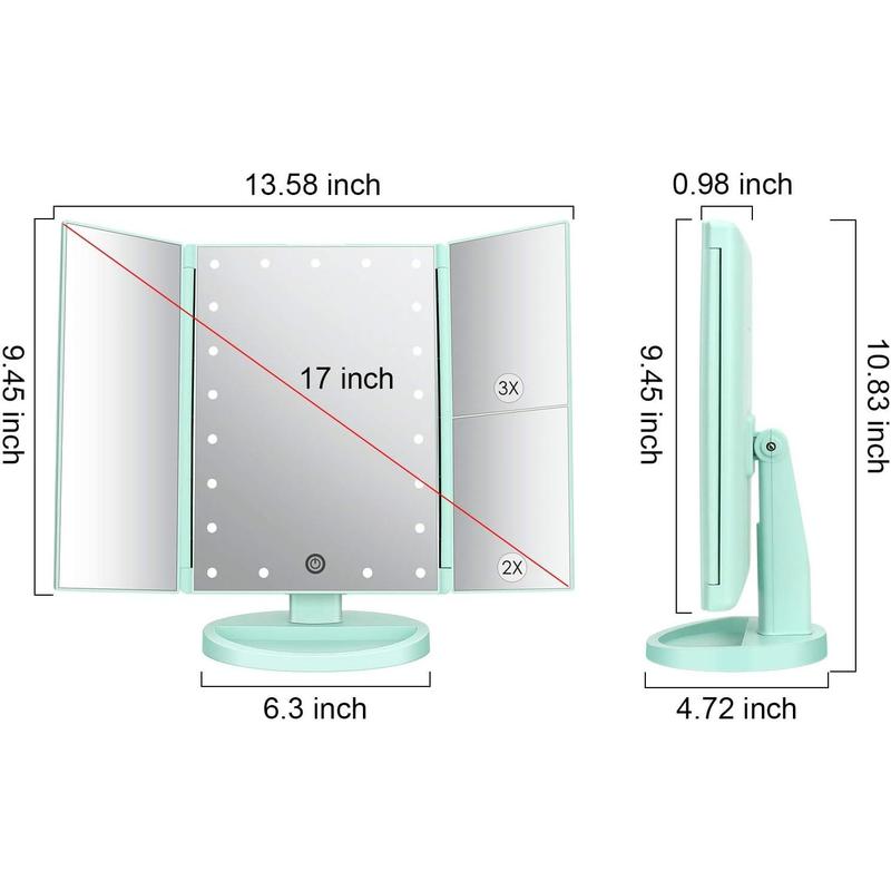 Tri-Fold Lighted Vanity Mirror with 21 LED Lights, Touch Screen and 3X 2X 1X Magnification, Two Power Supply Mode Make up Mirror,Travel Mirror (Green)