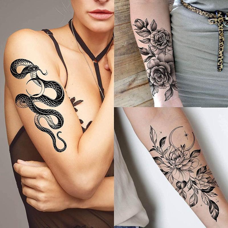 10pcs Creative Flower & Snake Pattern Temporary Tattoo Sticker, 3D Temporary Realistic Tattoo Sticker, Fake Tattoo Sticker For Women & Girls