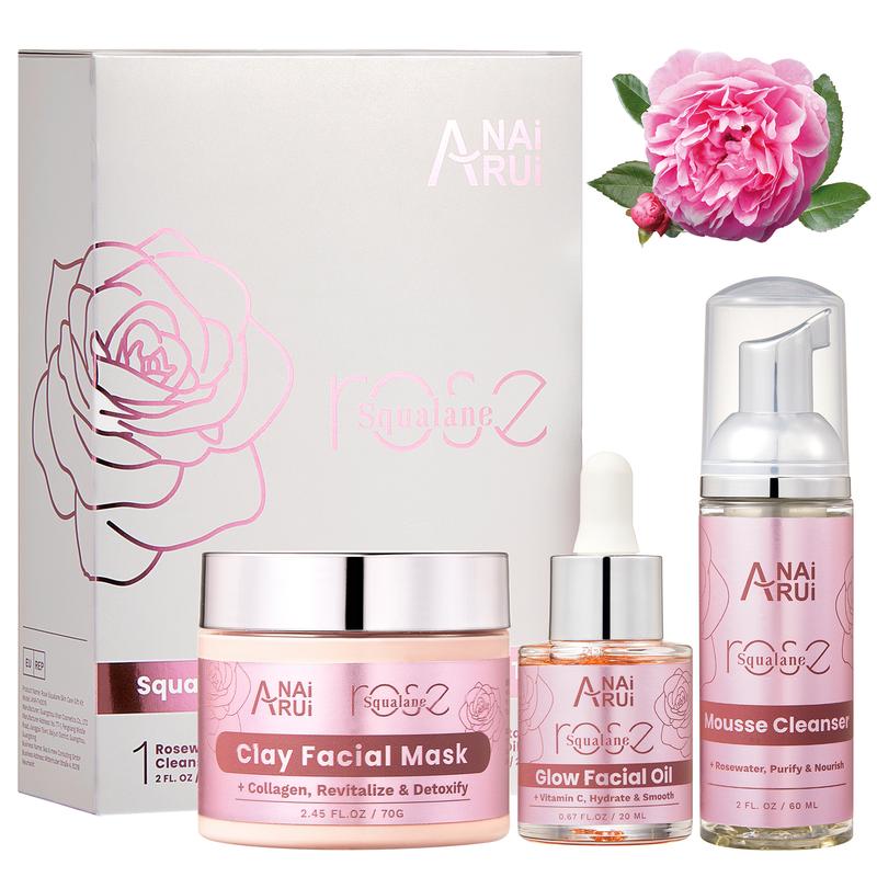 ANAiRUi Rose Squalane Extract Skincare Set- 1 Clay Mask & 1 Face Oil & 1 Foam Cleanser, Skin Care Kit for Moisturizing, Cleansing Skincare Gift Set