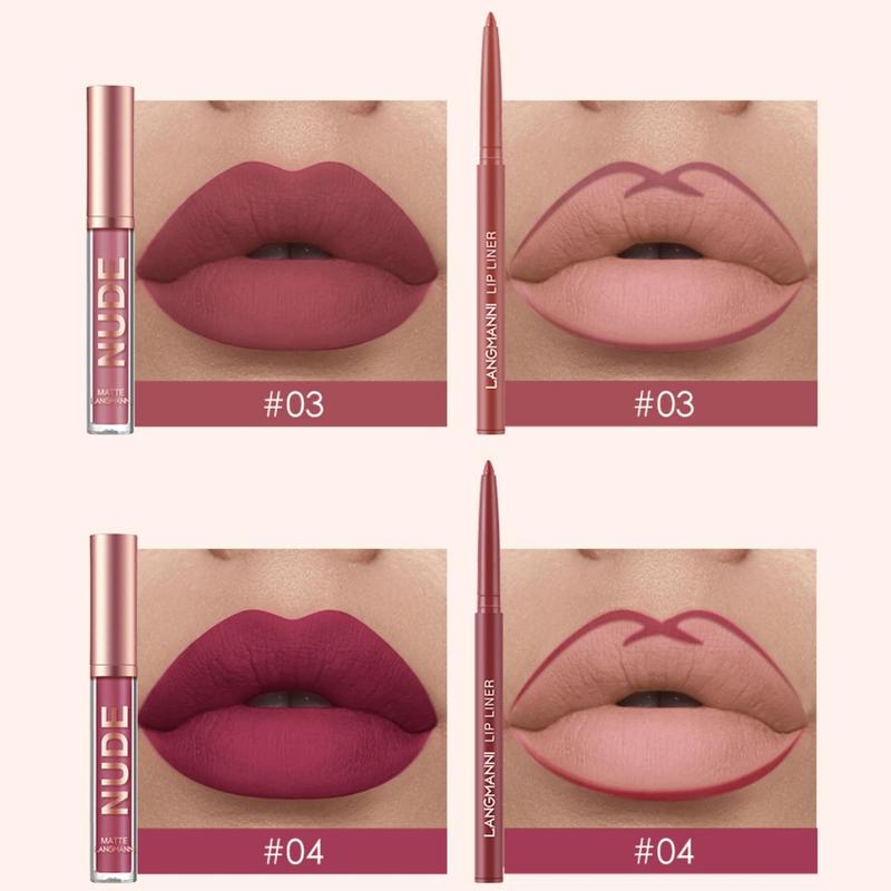 Long-lasting Lip Gloss & Lip Liner Makeup Set, 2 Counts Waterproof Liquid Lipstick, Moisturizing Lip Kit for Girls & Women, Cosmetic Gift