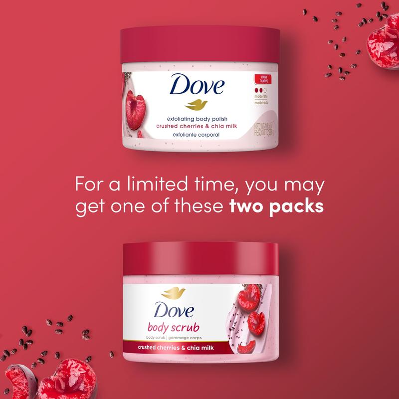 Dove Exfoliating Body Polish Crushed Cherries & Chia Milk Skin Care for Revitalized Skin Formulated with 1 4 Moisturizing Cream 10.5 oz