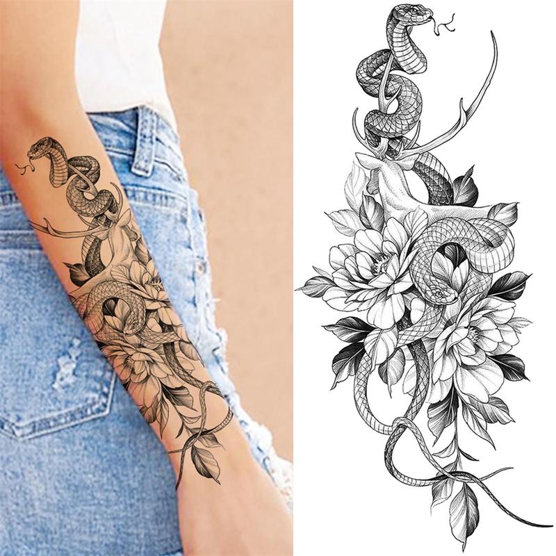 10pcs Creative Flower & Snake Pattern Temporary Tattoo Sticker, 3D Temporary Realistic Tattoo Sticker, Fake Tattoo Sticker For Women & Girls