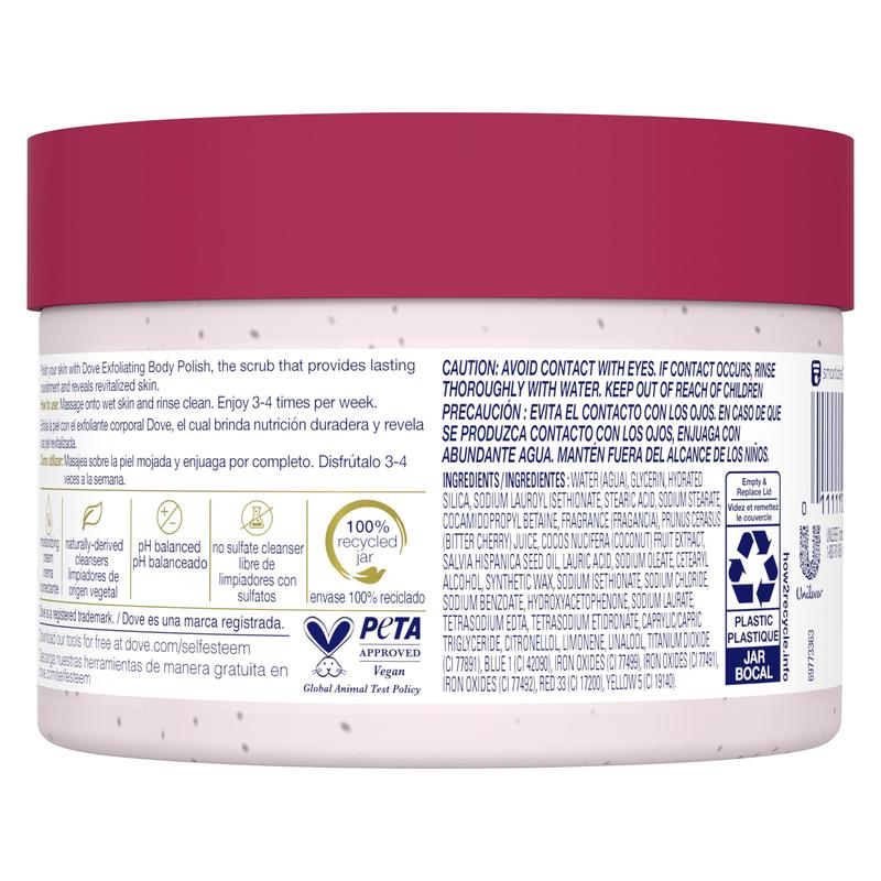 Dove Exfoliating Body Polish Crushed Cherries & Chia Milk Skin Care for Revitalized Skin Formulated with 1 4 Moisturizing Cream 10.5 oz