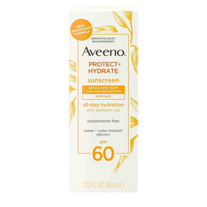 Aveeno Protect + Hydrate Sunscreen Moisturizing Face Lotion with Broad Spectrum SPF 60 and Prebiotic Oat, Paraben, Phthalate, Oxybenzone and Oil Free Sunscreen for Sensitive Skin, 2.0 FL OZ