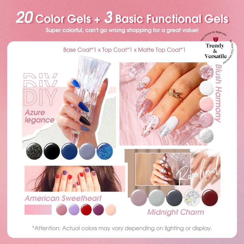 Gel Nail Polish Set, 1 Set Multi-color Nail Polish Set Including 20pcs Color Gels and 3counts Basic Functional Gels, Suitable for Women and Girls