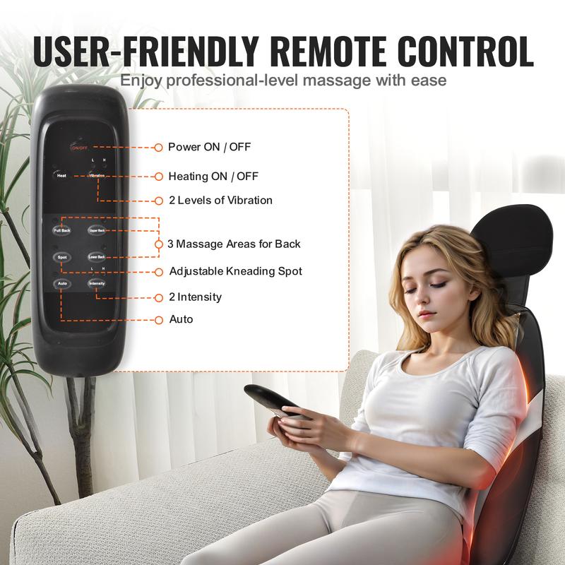 VEVOR Shiatsu Back Massager with Heat, Massage Seat Cushion with 2-Group Back Shiatsu Rollers and 2 Seat Vibration Motors, Fatigue Relief Seat Massage Chair Pad with 5 Vibration Modes for Home Office Relaxing Vibrating