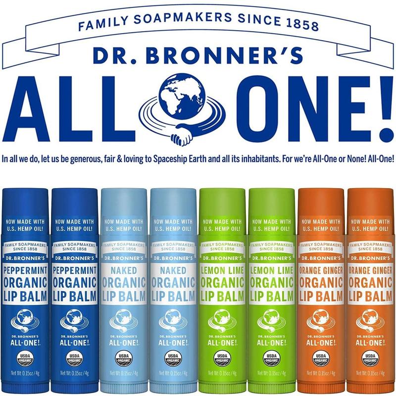 Dr. Bronner's - Organic Lip Balm Variety Peppermint, Orange Ginger, Naked, Lemon Lime) - Made with Organic Beeswax and Avocado Oil, For Dry Lips, Hands, Chin or Cheeks, 0.15 Ounce (Pack of 4)