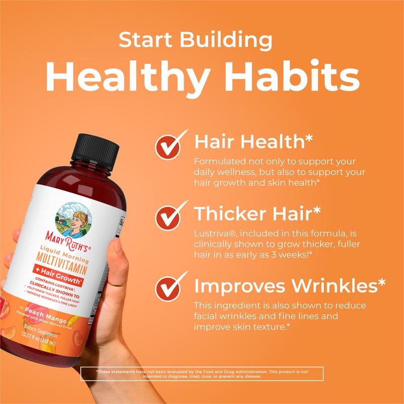 MaryRuth's Liquid Multivitamin + Hair Growth With Clinically Tested Lustriva - Thicker Hair - Reduce Wrinkles & Fine Lines - Vegan - 15.22 Fl Oz