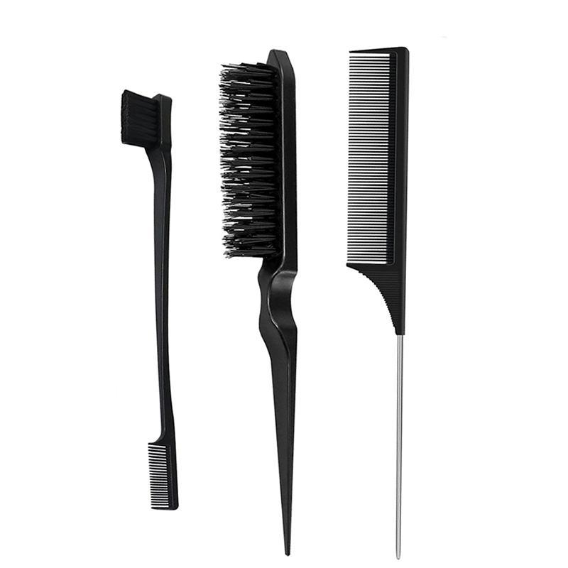 Summer Hair Styling Comb Set, 3pcs Heatless Styling Tool Set, Teasing Hair Brush Edge Brush Detangling Brush, Rat Tail Comb, Heatless Edge Control Brush for Edge & Back Brushing, Combing, Slicking Hair for Women, Christmas Gift