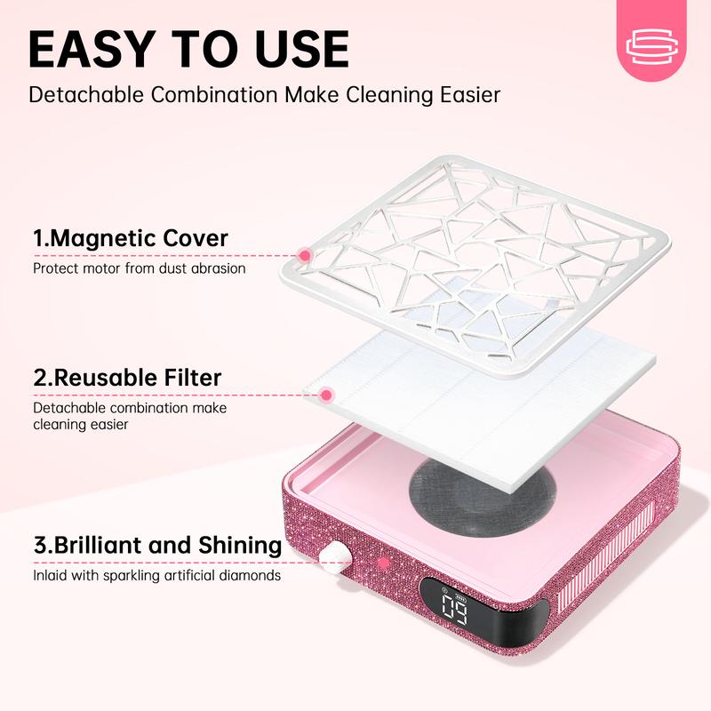 CHRISTINE SHELLY Cordless Nail Dust Collector 48W Rechargeable Sparkly Wireless, Powerful Dust Suction Machine Manicure Pedicure Tool For Acrylic Nails Polishing,  Nail Salon, Nail Care,Pink