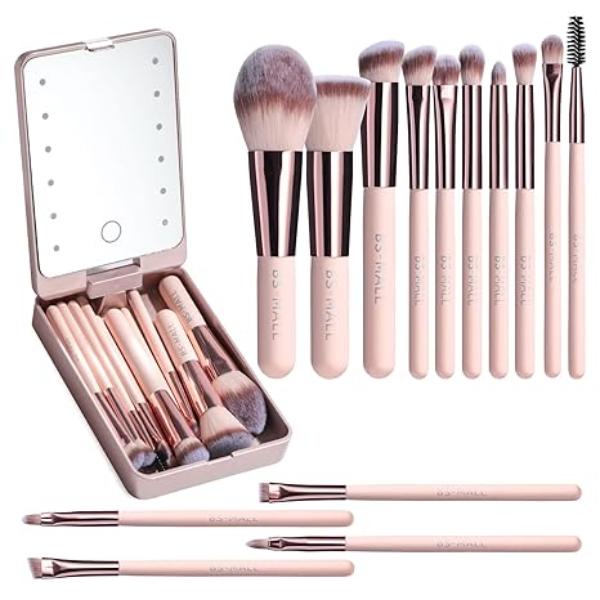 Travel Makeup Brush Set Foundation Powder Concealers Eye Shadows Makeup Set with LED light Mirror 14 Pcs Mini Makeup Brushes