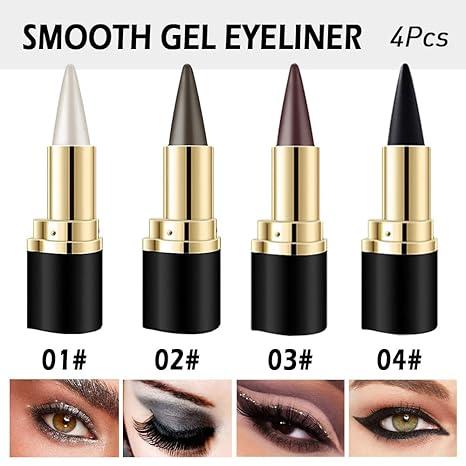 4PCS Gel Eyeliner Pencil Set in Black, Brown, Silver,and Gray Waterproof & Smudge-Proof Cream for Stunning Smokey Eyes and Versatile Lipliner Cosmetic