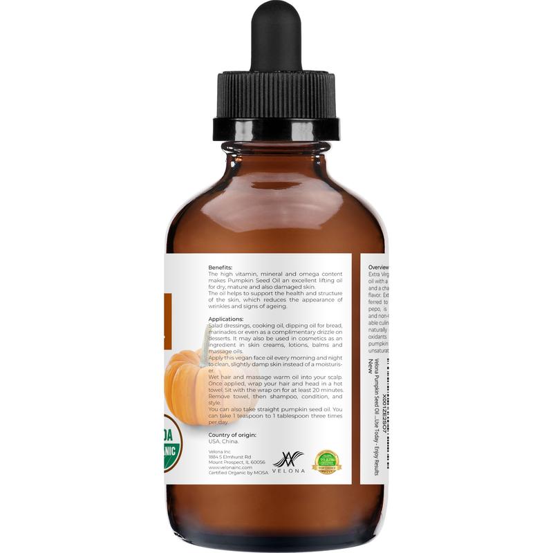 velona Pumpkin Seed Oil USDA Certified Organic - 4 fl oz | 100% Pure and Natural Carrier Oil | Unrefined, Cold Pressed