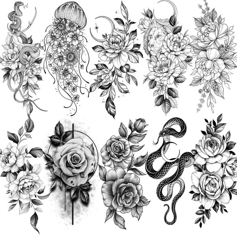 10pcs Creative Flower & Snake Pattern Temporary Tattoo Sticker, 3D Temporary Realistic Tattoo Sticker, Fake Tattoo Sticker For Women & Girls