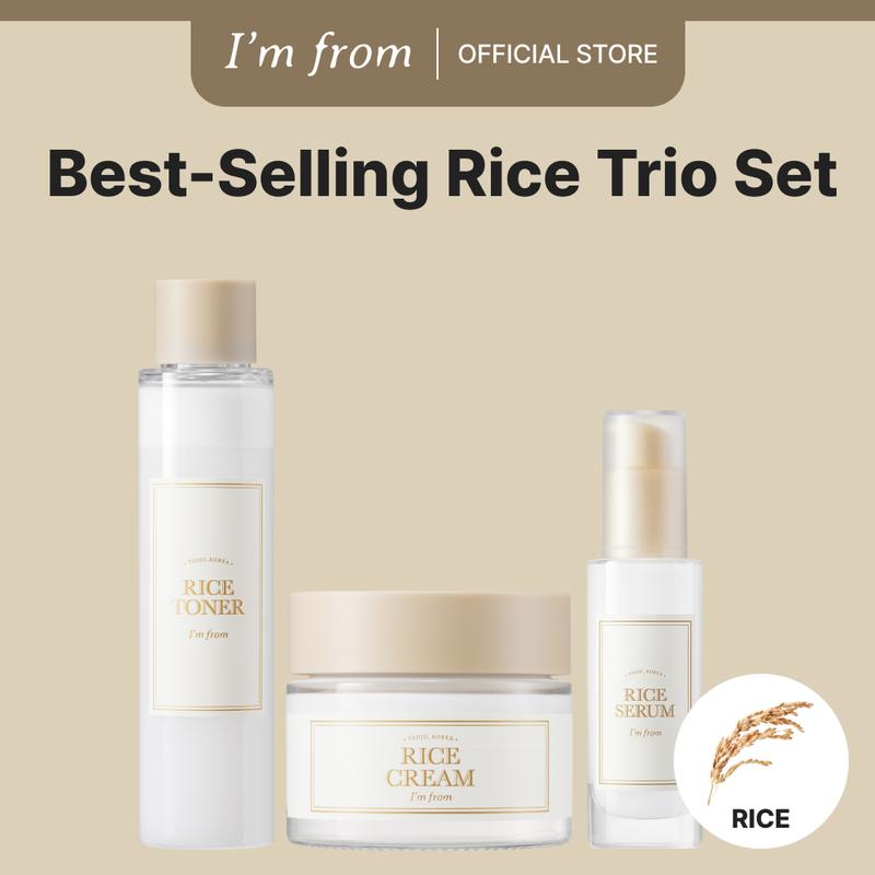 [I'M FROM OFFICIAL SHOP] I'M FROM Rice Line Best-selling Trio Set | Rice Toner, Rice Cream, Rice Serum - Milky for Glowing Skin, Korean Rice, Glow Essence with Niacinamide, Hydrating for Dry, Dull, Combination Skin, Vegan Moisture Skincare Moisturizer