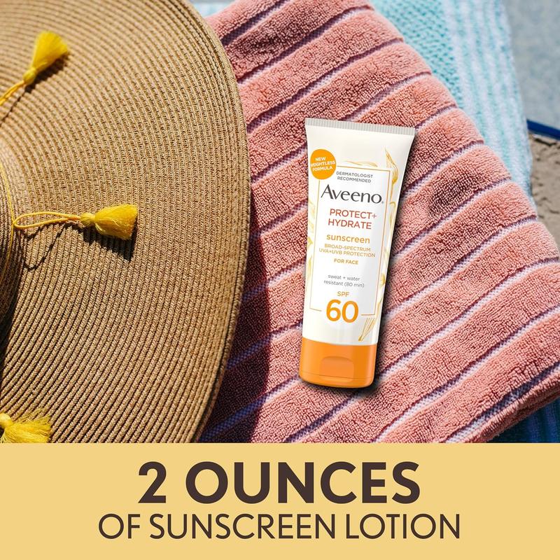 Aveeno Protect + Hydrate Sunscreen Moisturizing Face Lotion with Broad Spectrum SPF 60 and Prebiotic Oat, Paraben, Phthalate, Oxybenzone and Oil Free Sunscreen for Sensitive Skin, 2.0 FL OZ