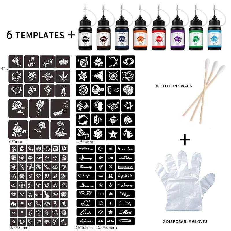 Temporary Tattoo Kit Waterproof Lasting for 3-7 days(Natural Plants Based) Including 178 Pcs Free Stencils Temporary Tattoo ink 8 Bottles with 8 Colors Suitable for Kids and adults