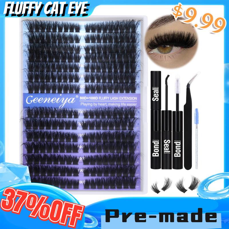 Geeneiya Pre-made Cat Eye Lash Clusters Kit Fluffy Lash Extension Kit 9-16mm Wispy Cluster Eyelash Extensions Kit 80D+100D Individual Eyelashes with Waterproof Lash Bond and Seal, Lash Tweezers