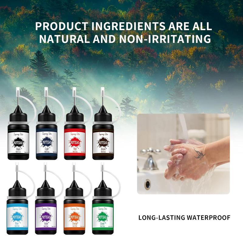 Temporary Tattoo Kit Waterproof Lasting for 3-7 days(Natural Plants Based) Including 178 Pcs Free Stencils Temporary Tattoo ink 8 Bottles with 8 Colors Suitable for Kids and adults