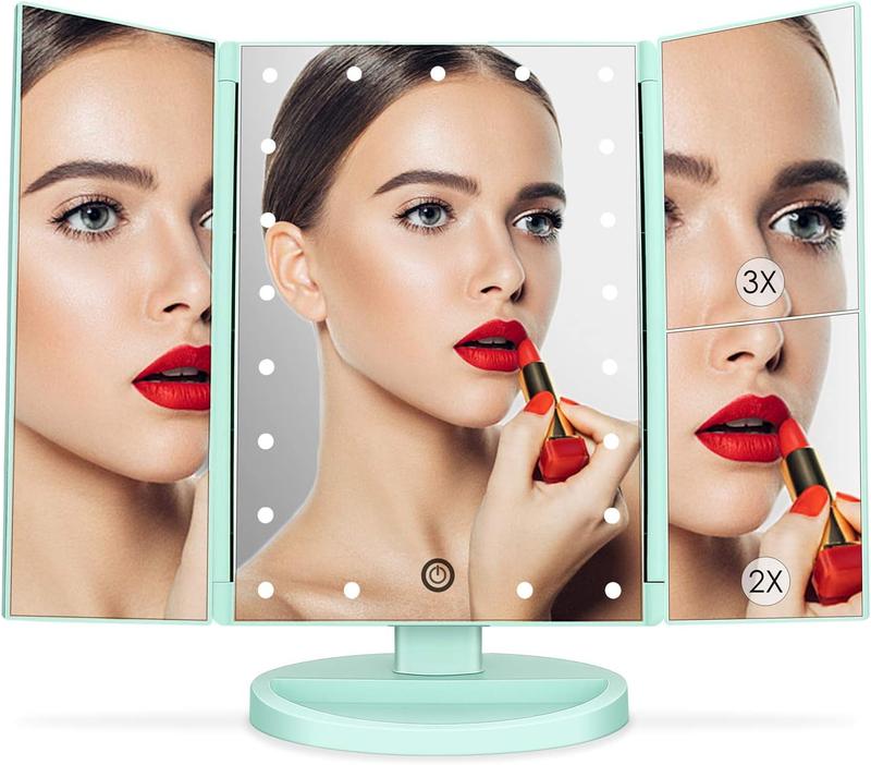 Tri-Fold Lighted Vanity Mirror with 21 LED Lights, Touch Screen and 3X 2X 1X Magnification, Two Power Supply Mode Make up Mirror,Travel Mirror (Green)