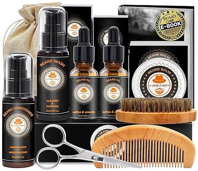 Beard Grooming Kit Upgraded Set: Conditioner, Oil, Balm, Brush, Wash, Comb, Scissors, Bag & E-Book - Ideal Gift for Men, Dad, Husband, Boyfriend