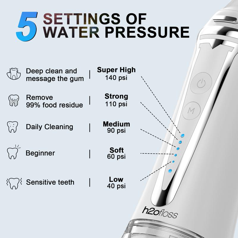 h2ofloss Water Dental Flosser -5 Modes Portable Oral Irrigator Braces Rechargeable & IPX7 Waterproof Teeth Cleaner for Home Travel P11 white