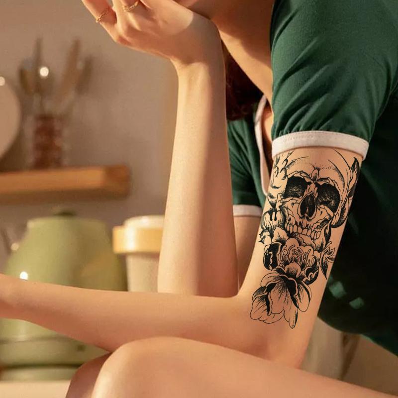 Skull & Flower Pattern Temporary Tattoo Sticker, Half Arm Realistic Tattoo Sticker, Face Paint Body Paint Tattoo Sticker, Body Decoration Tattoo