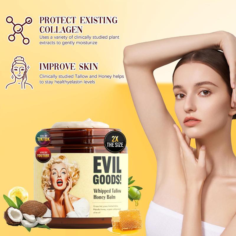 EVILGOODS Whipped Beef Tallow and Manuka Honey Balm, 4oz, Organic Face Cream, Moisturizer, Body Lotion, Skin Care and Lip Balm