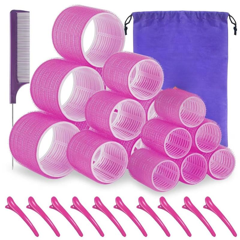 Self grip hair roller set,18 count,Hair rollers with hair roller clips and comb,Salon hairdressing curlers,DIY Hair Styles, 3 Sizes Rose red Hair Rollers in 1 set