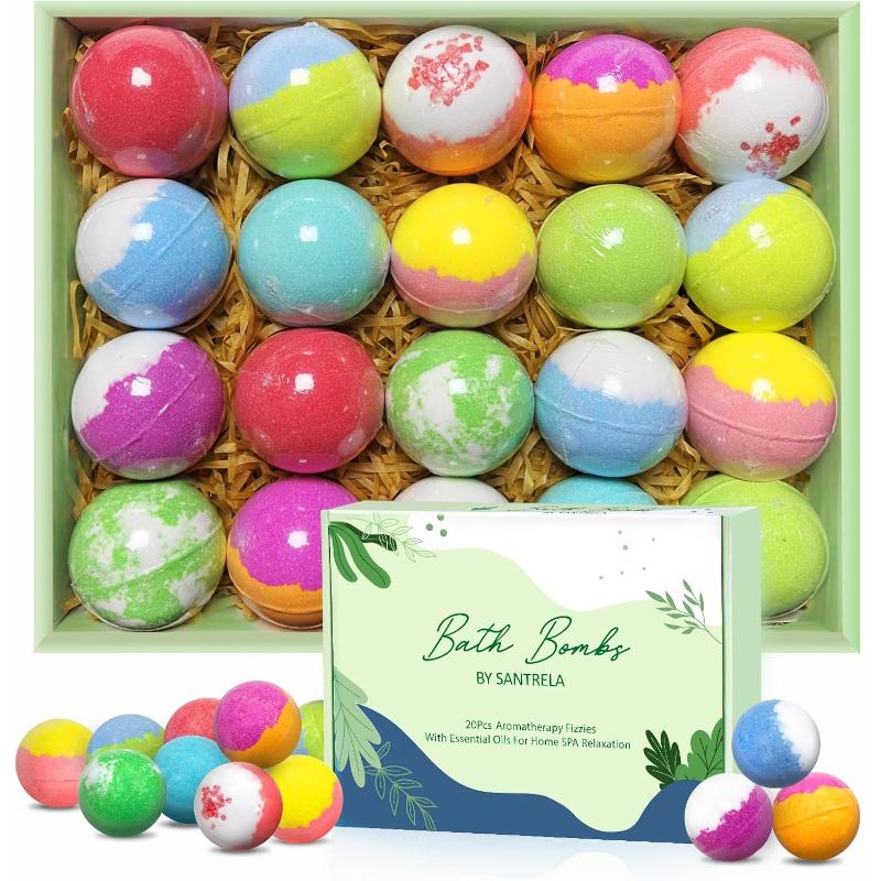 Luxury Organic Bath Bombs Gift Set – 20 Handmade with Essential Oils, Cocoa, Shea, Moisturizing & Relaxing Aroma Body Wash