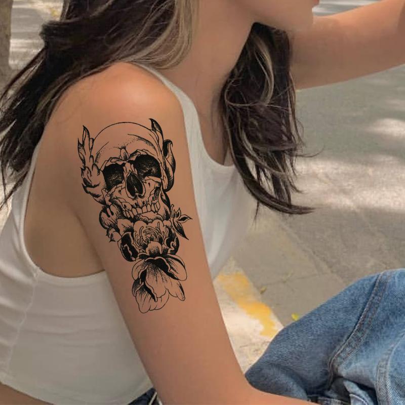 Skull & Flower Pattern Temporary Tattoo Sticker, Half Arm Realistic Tattoo Sticker, Face Paint Body Paint Tattoo Sticker, Body Decoration Tattoo