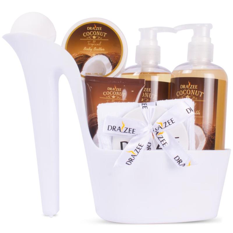 Draizee Heel Shoe Spa Gift Set – Coconut Scented Bath Essentials Gift Basket With Shower Gel, Bubble Bath, Body Butter, Body Lotion & Soft EVA Bath Puff – Luxurious Home Relaxation Gifts For Women Body Care