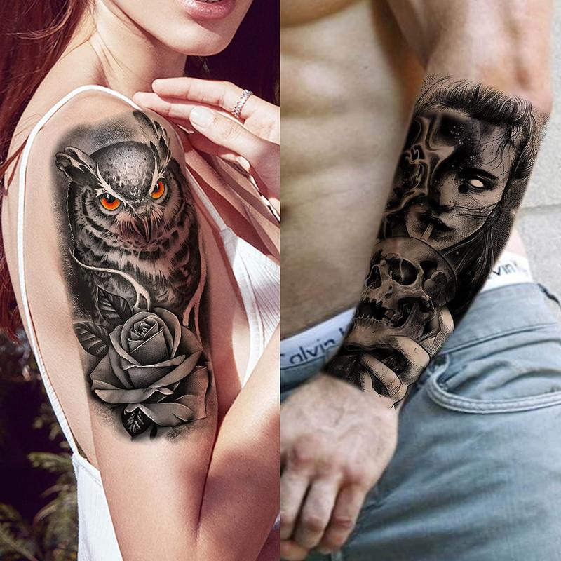 68 Sheets Large Half Arm Sleeve Temporary Tattoos For Men Women Forearm, Tribal Wolf Tiger Lion Owl Skull Temp Halloween Fake Tattoo Stickers Adults, Black Realistic Tattoo Flower Rose Animals