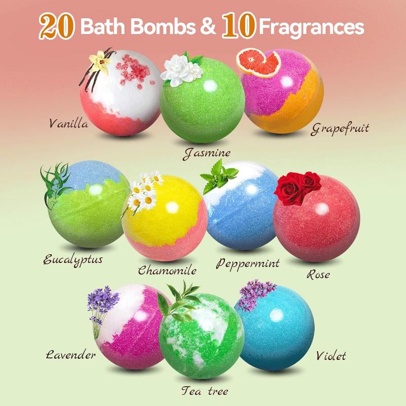 Luxury Organic Bath Bombs Gift Set – 20 Handmade with Essential Oils, Cocoa, Shea, Moisturizing & Relaxing Aroma Body Wash